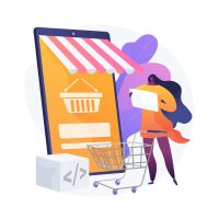 Product selection, choosing goods, put things to basket. Online supermarket, internet mall, merchandise catalog. Female purchaser cartoon character. Vector isolated concept metaphor illustration.